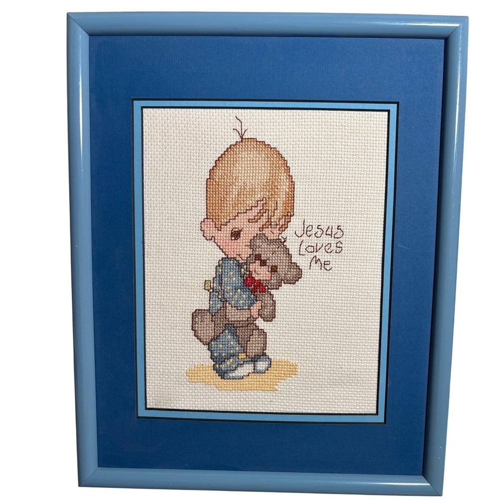 Precious Moments Jesus Loves Me Cross Stitch Framed Art Boy Teddy Bear Blue